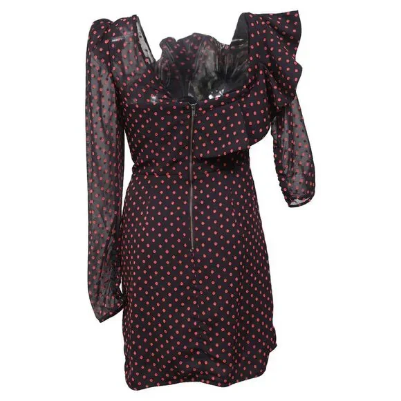Self-Portrait Plumetis One Shoulder Polka Dot Ruffled Mini Dress in Red